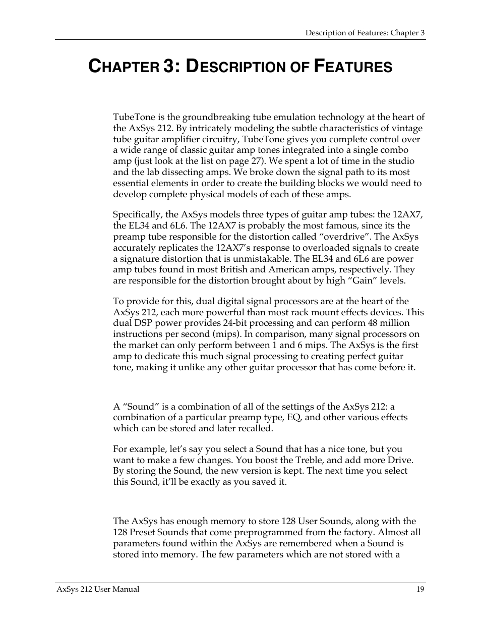 Hapter, Escription of, Eatures what is tubetone | What is a sound | Line 6 AXSys 212 User Manual | Page 19 / 48