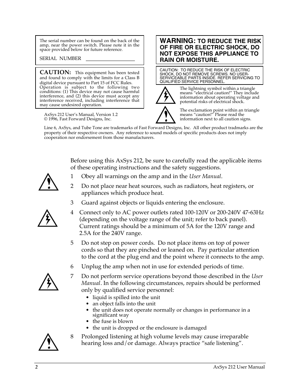 Important safety instructions, Warning | Line 6 AXSys 212 User Manual | Page 2 / 48