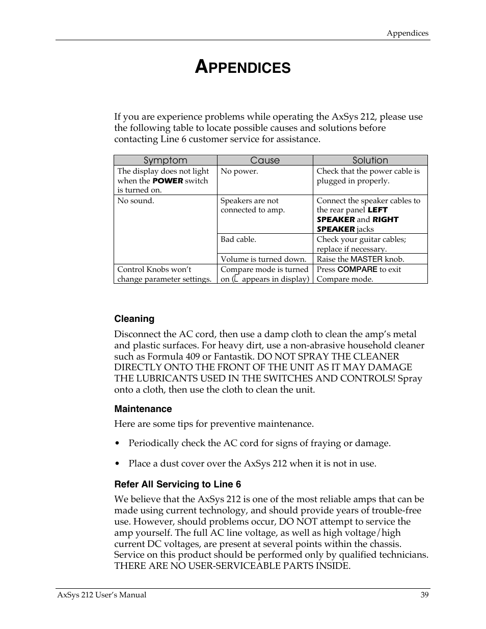 Ppendices appendix i: troubleshooting, Appendix ii: maintenance & service | Line 6 AXSys 212 User Manual | Page 39 / 48