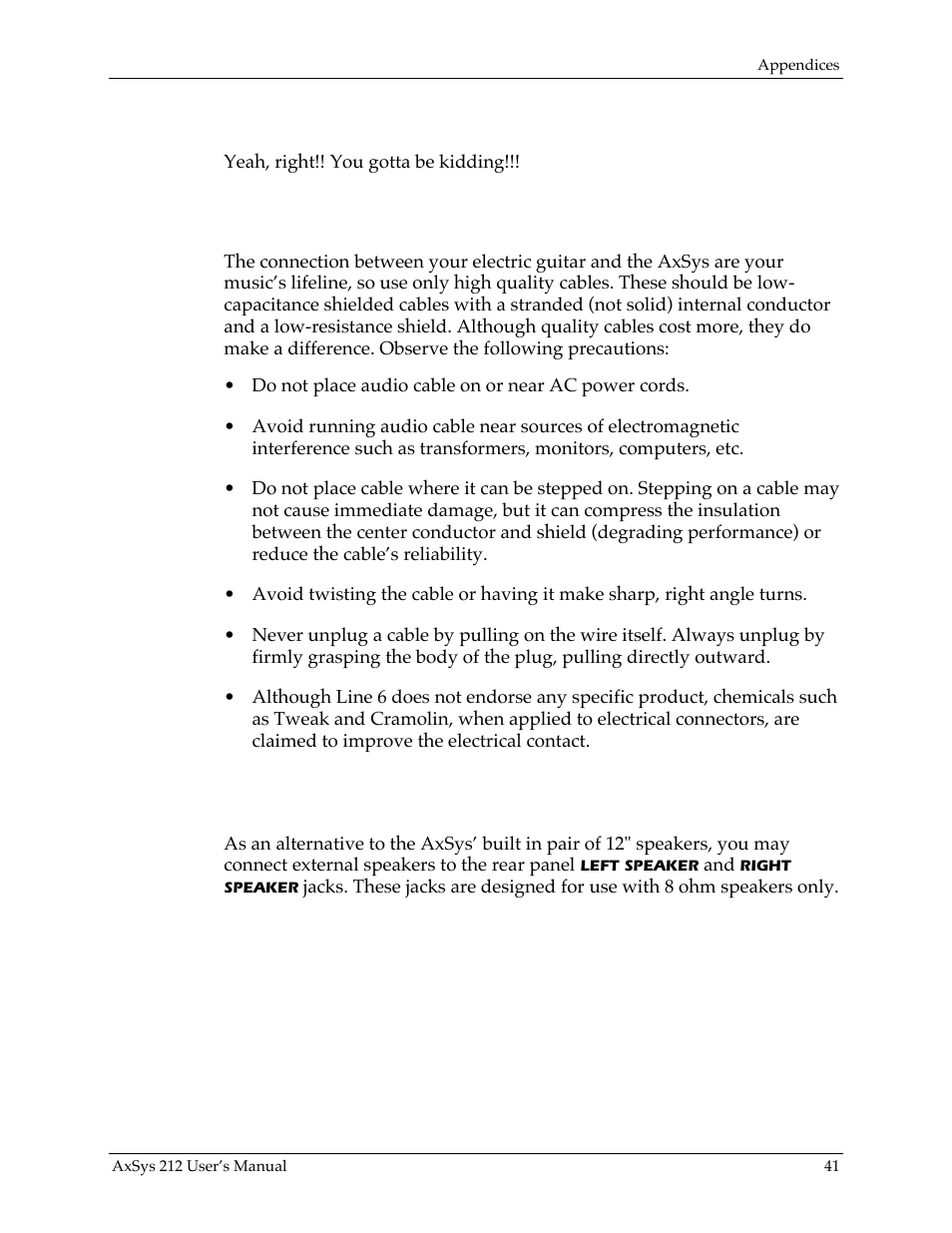 Appendix iii: tube replacement schedule, Appendix iv: about audio cables, Appendix v: using external speaker cabinets | Line 6 AXSys 212 User Manual | Page 41 / 48