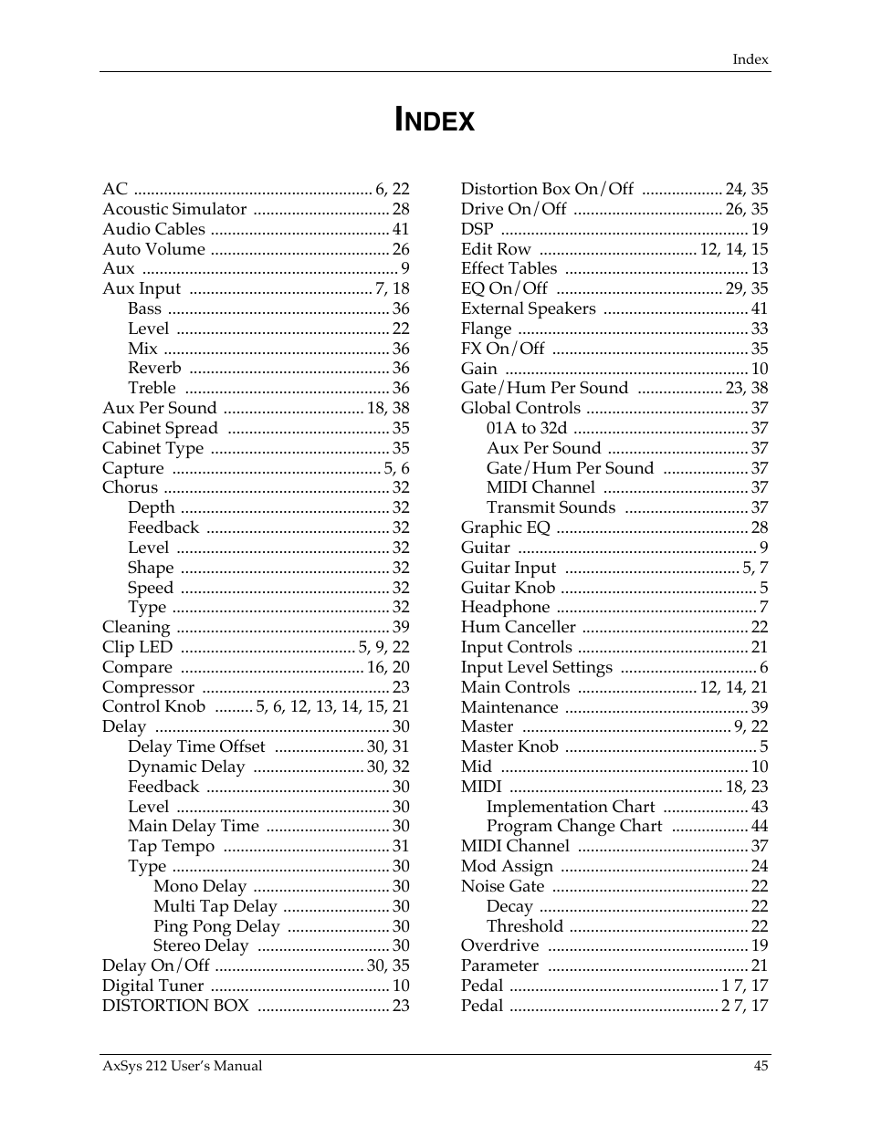 Ndex | Line 6 AXSys 212 User Manual | Page 45 / 48