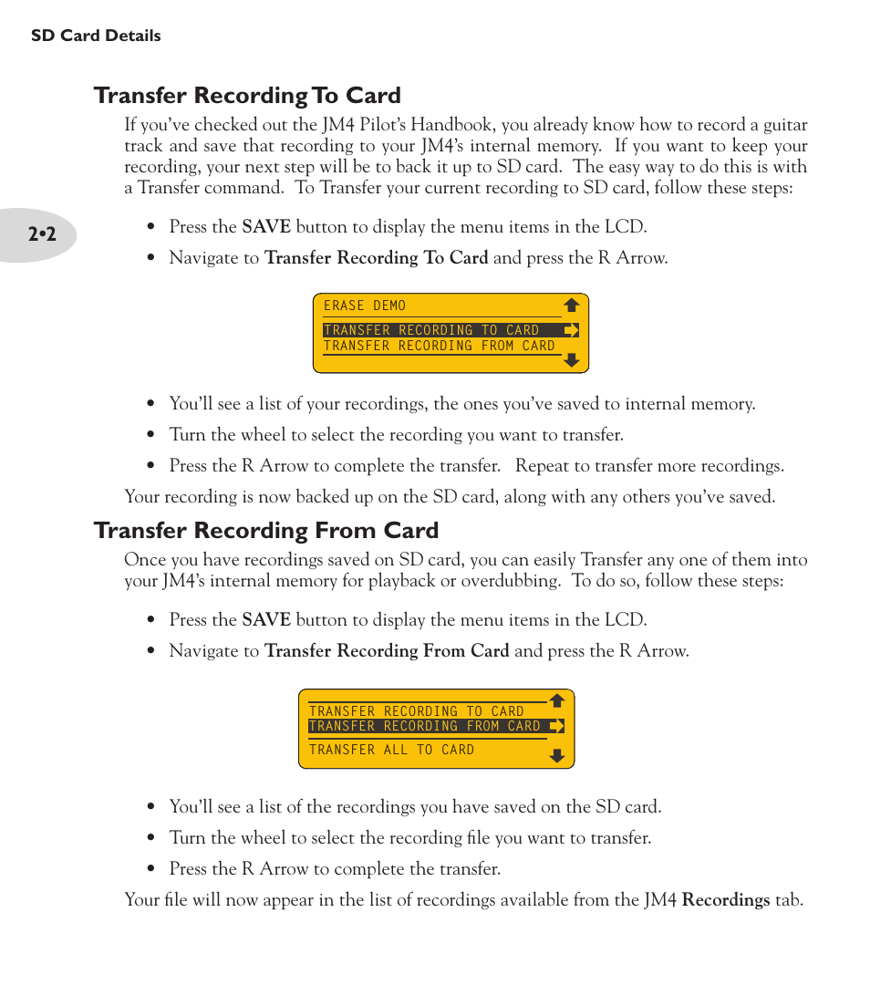 Transfer recording from card, Transfer recording to card | Line 6 Looper JM4 User Manual | Page 10 / 31