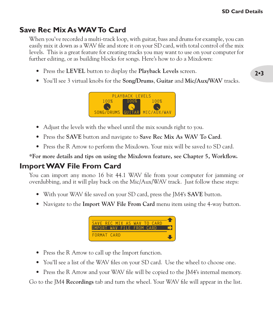 Import wav file from card, Save rec mix as wav to card | Line 6 Looper JM4 User Manual | Page 11 / 31