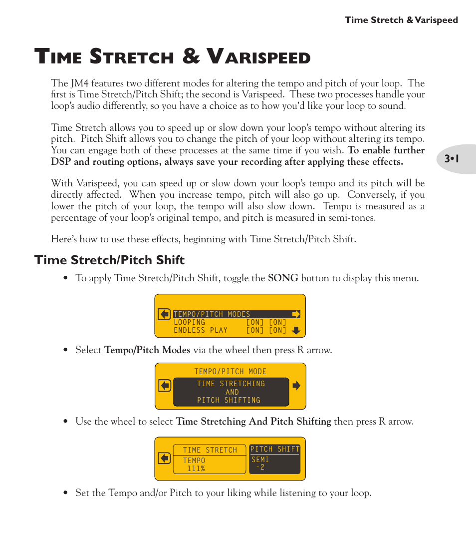 Tretch, Arispeed, Time stretch/pitch shift | Line 6 Looper JM4 User Manual | Page 15 / 31