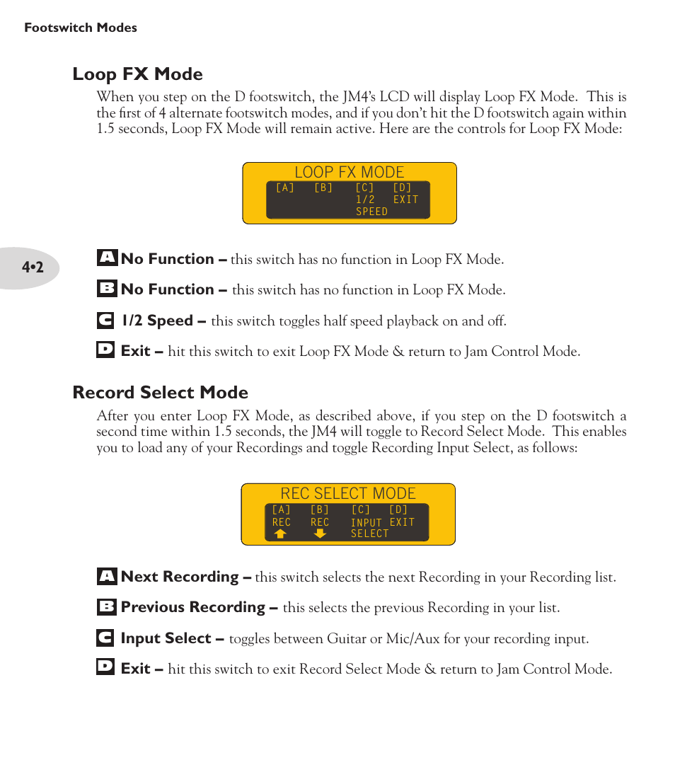 Loop fx mode, Record select mode | Line 6 Looper JM4 User Manual | Page 20 / 31