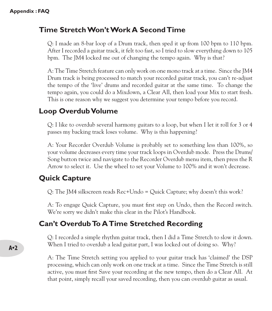 Time stretch won’t work a second time, Loop overdub volume, Quick capture | Can’t overdub to a time stretched recording | Line 6 Looper JM4 User Manual | Page 28 / 31