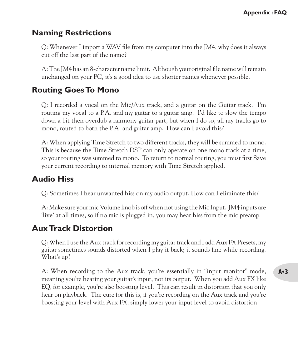 Naming restrictions, Routing goes to mono, Audio hiss | Aux track distortion | Line 6 Looper JM4 User Manual | Page 29 / 31