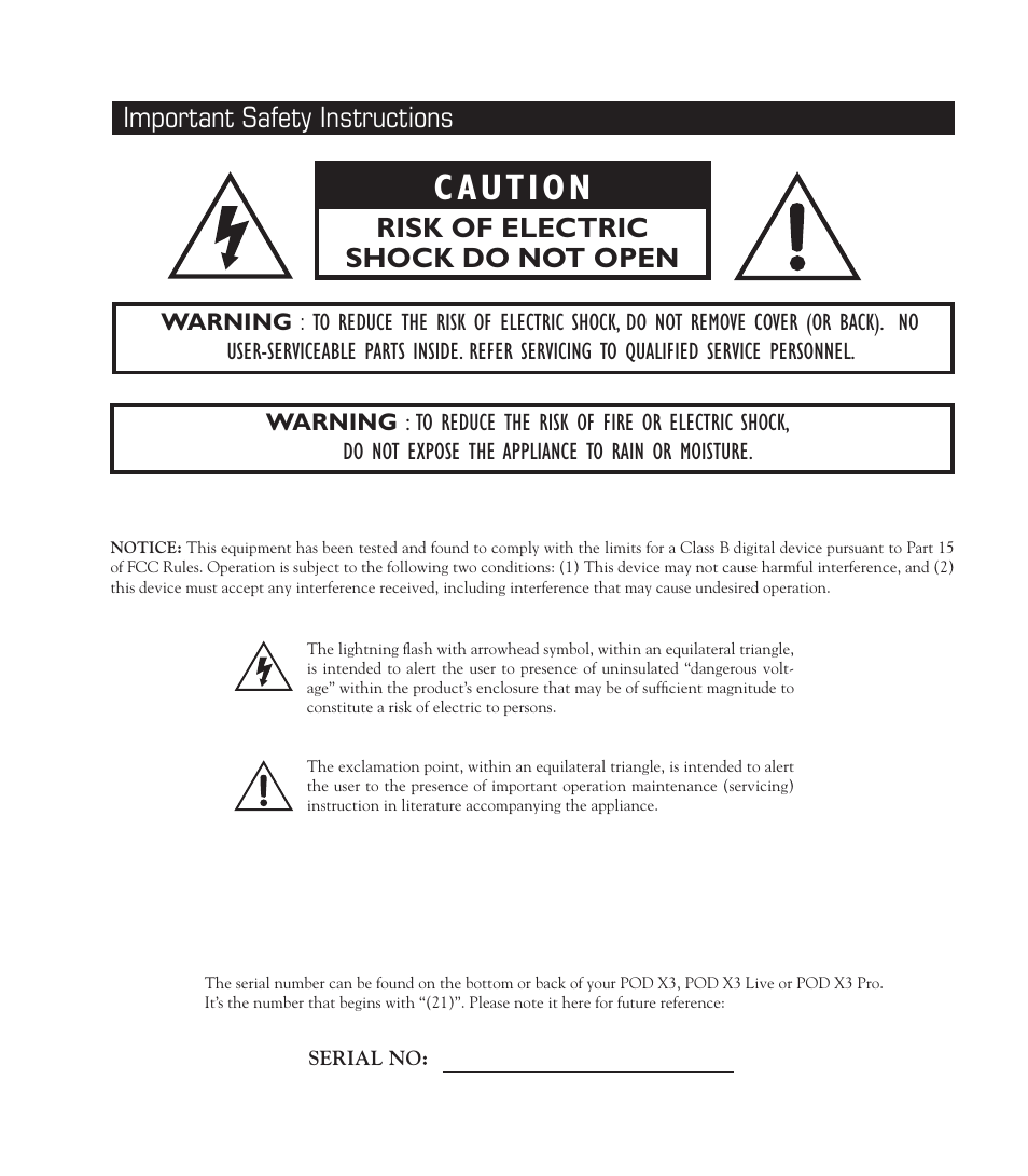 Caution, Important safety instructions, Risk of electric shock do not open | Line 6 POD X3 Family User Manual | Page 2 / 60