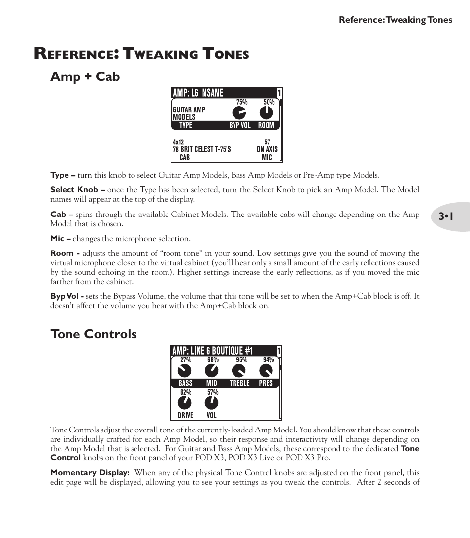 Amp + cab, Tone controls | Line 6 POD X3 Family User Manual | Page 33 / 60