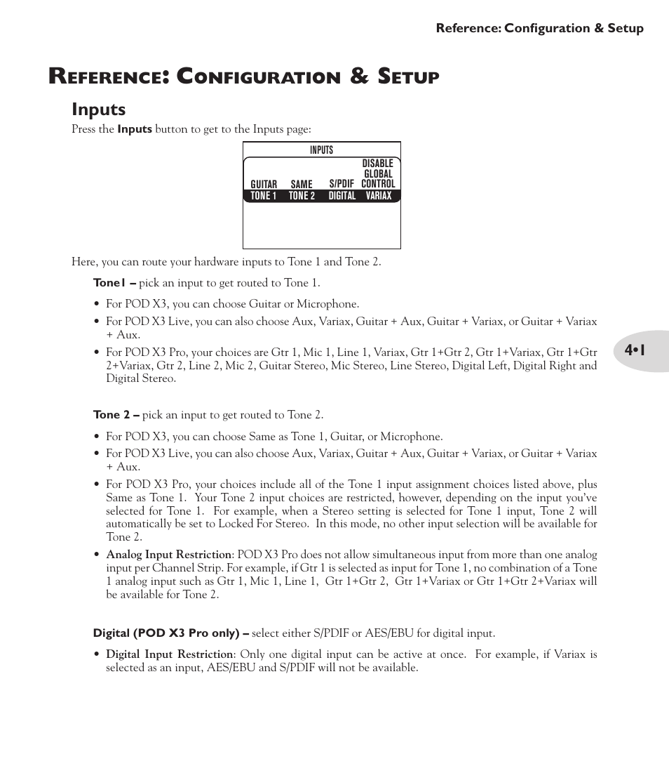 Inputs, Eference, Onfiguration | Etup | Line 6 POD X3 Family User Manual | Page 45 / 60