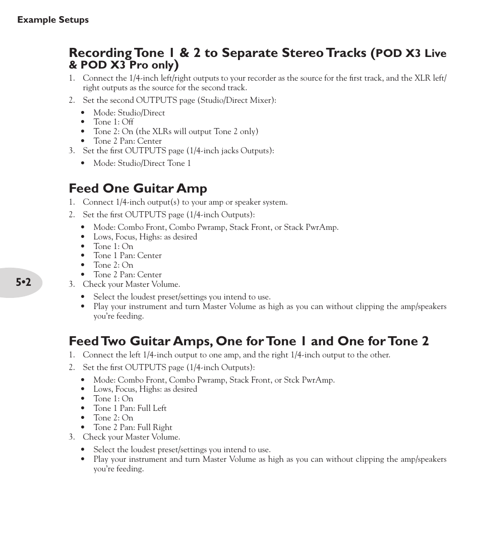 Recording tone 1 & 2 to separate stereo tracks, Feed one guitar amp, Pod x3 live & pod x3 pro only | Line 6 POD X3 Family User Manual | Page 52 / 60