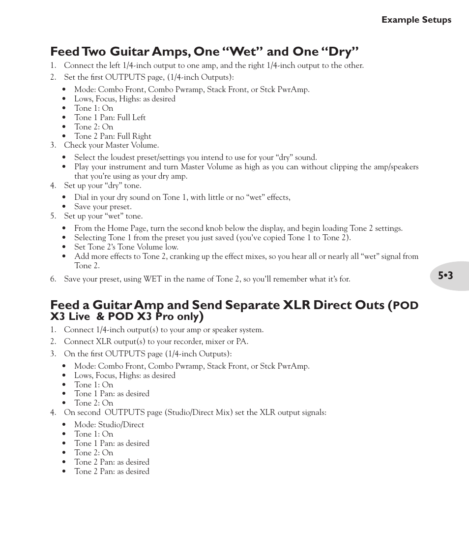 Feed two guitar amps, one “wet” and one “dry, Pod x3 live & pod x3 pro only | Line 6 POD X3 Family User Manual | Page 53 / 60