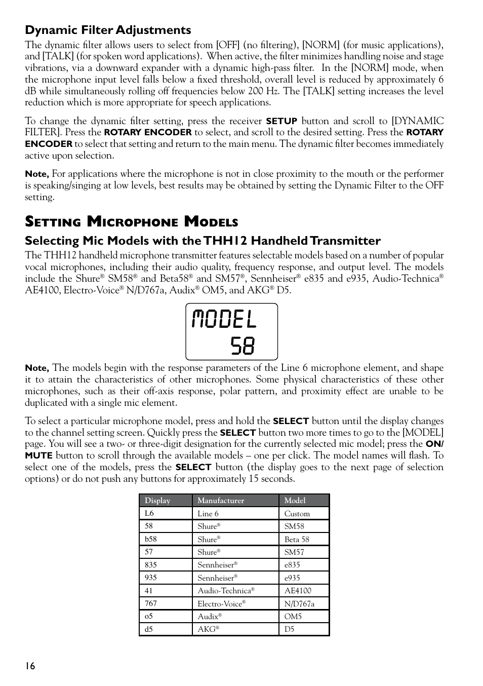 Dynamic filter adjustments, Etting, Icrophone | Odels | Line 6 DIGITAL WIRELESS XD-V75 User Manual | Page 16 / 32