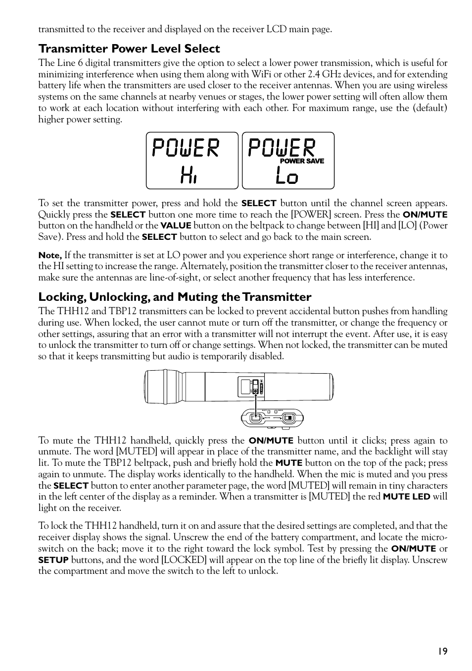 Transmitter power level select, Locking, unlocking, and muting the transmitter | Line 6 DIGITAL WIRELESS XD-V75 User Manual | Page 19 / 32