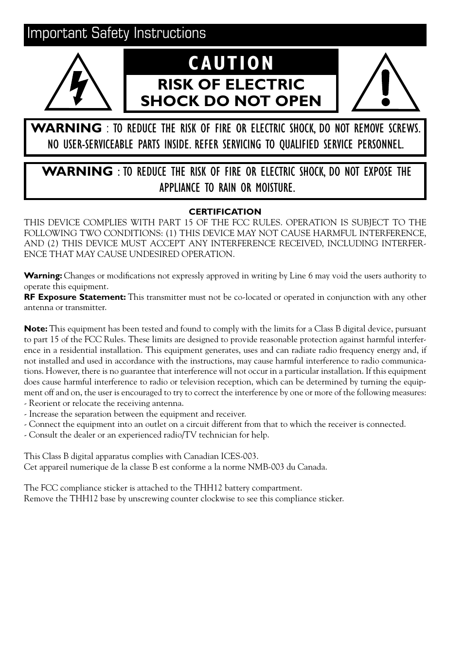 Caution, Important safety instructions, Risk of electric shock do not open | Line 6 DIGITAL WIRELESS XD-V75 User Manual | Page 2 / 32