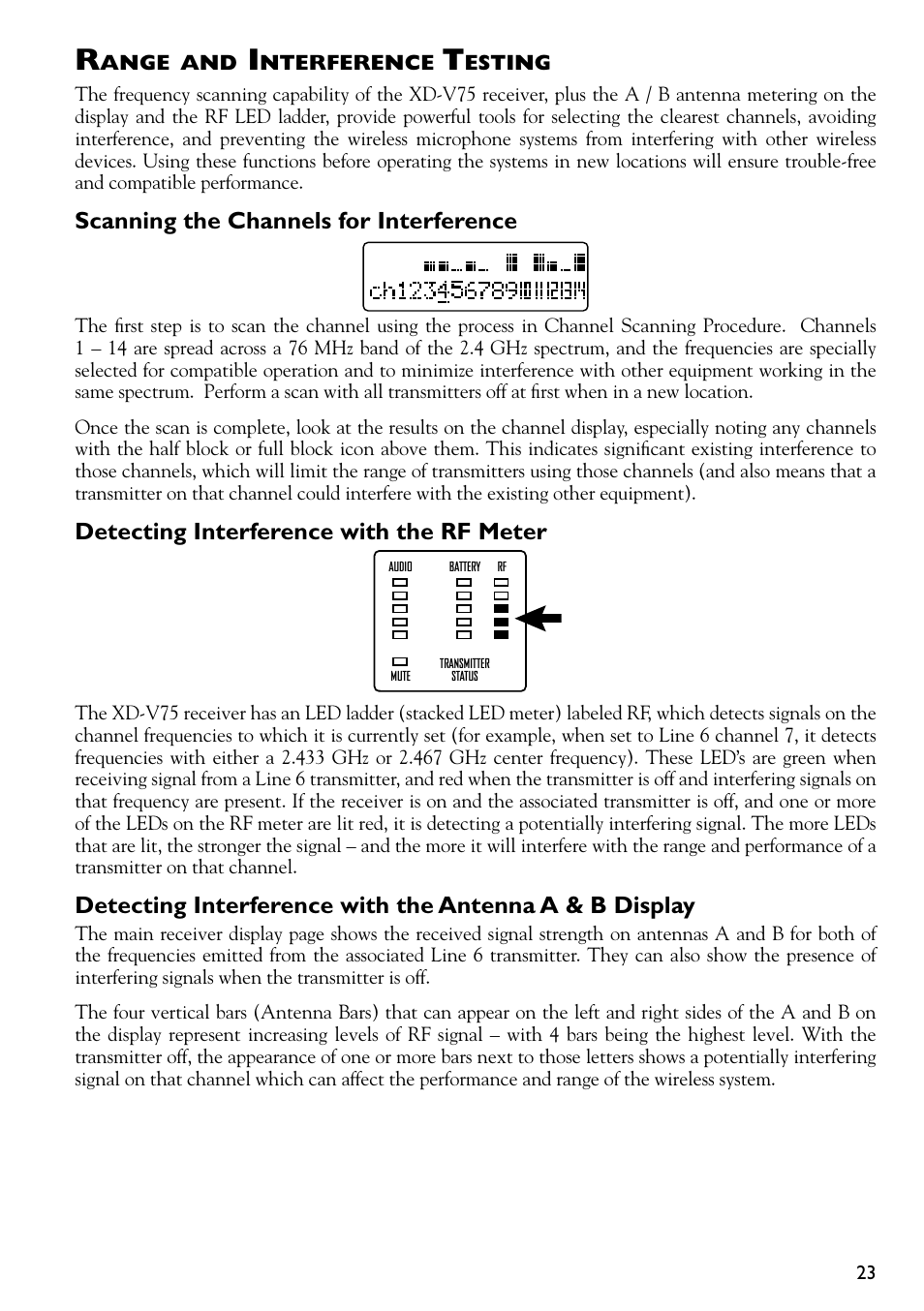 Scanning the channels for interference, Detecting interference with the rf meter | Line 6 DIGITAL WIRELESS XD-V75 User Manual | Page 23 / 32