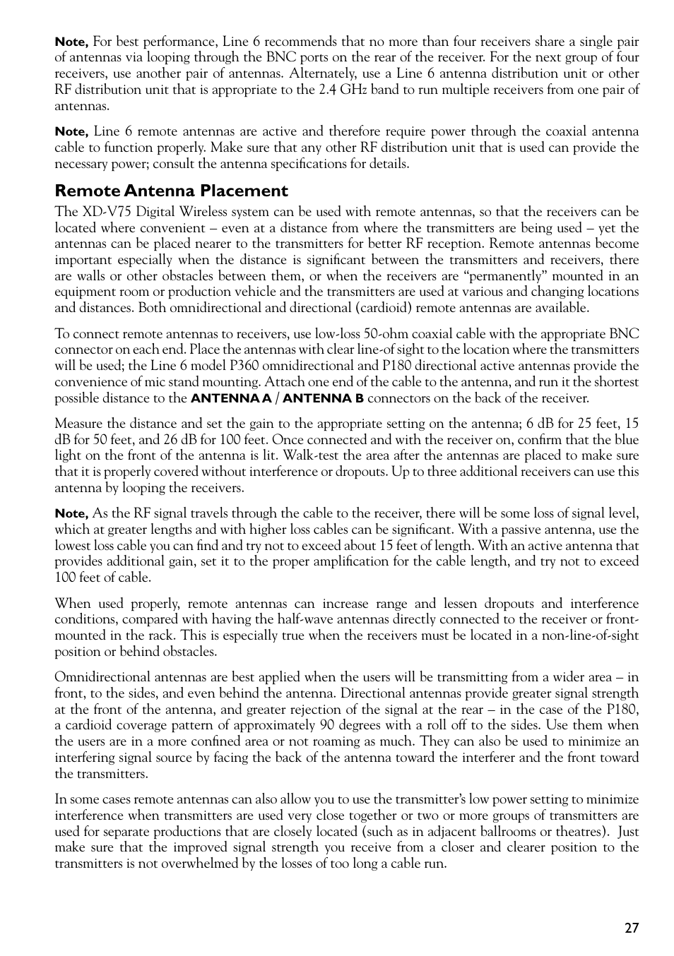 Remote antenna placement | Line 6 DIGITAL WIRELESS XD-V75 User Manual | Page 27 / 32