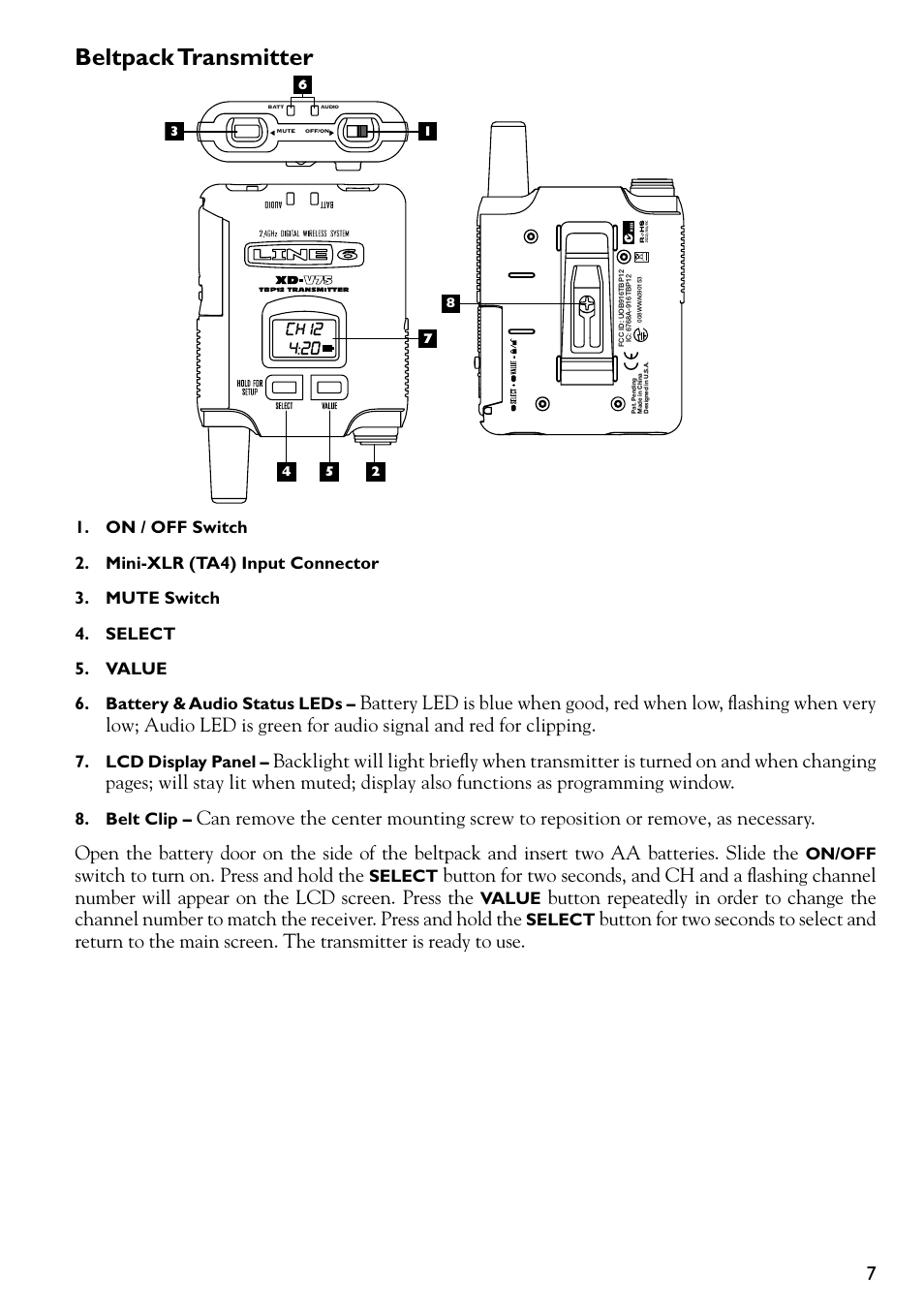 Beltpack transmitter, Switch to turn on. press and hold the | Line 6 DIGITAL WIRELESS XD-V75 User Manual | Page 7 / 32