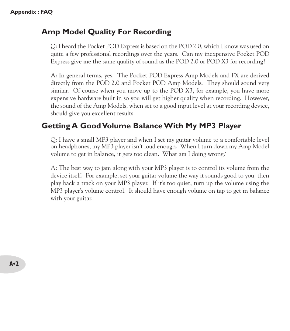 Amp model quality for recording, Getting a good volume balance with my mp3 player | Line 6 Pocket Pod express User Manual | Page 12 / 13