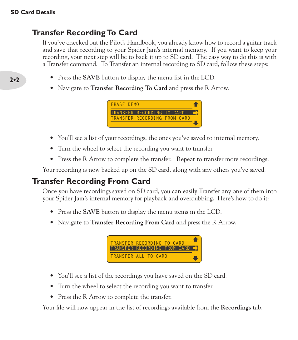 Transfer recording from card, Transfer recording to card | Line 6 Spider Jam Amp User Manual | Page 10 / 27