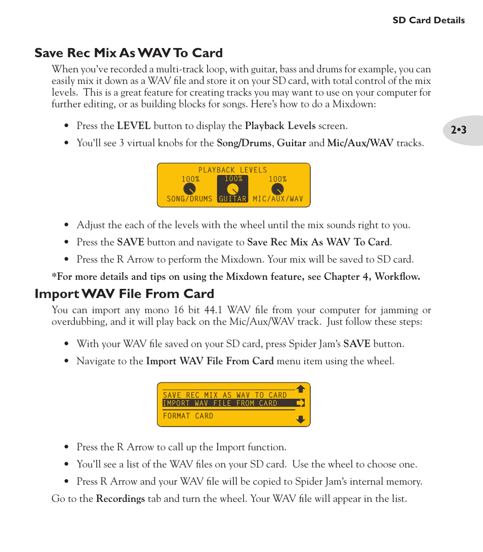 Import wav file from card, Save rec mix as wav to card | Line 6 Spider Jam Amp User Manual | Page 11 / 27