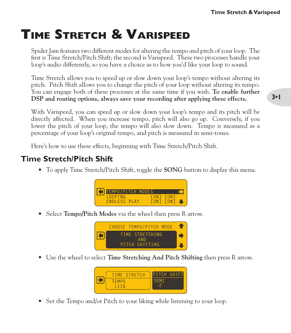 Tretch, Arispeed, Time stretch/pitch shift | Line 6 Spider Jam Amp User Manual | Page 15 / 27