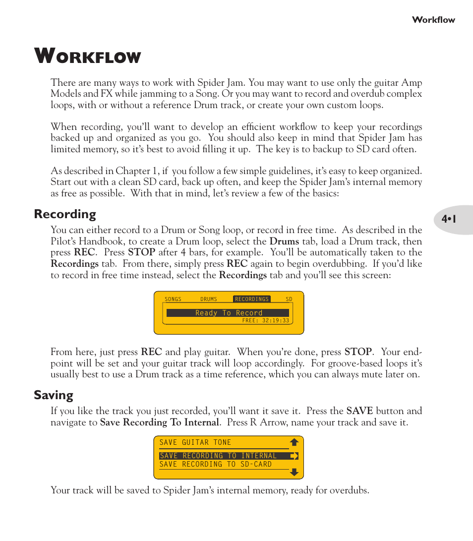 Orkflow, Recording, Saving | Line 6 Spider Jam Amp User Manual | Page 19 / 27