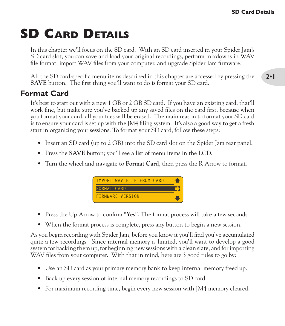 Sd c, Etails, Format card | Line 6 Spider Jam Amp User Manual | Page 9 / 27