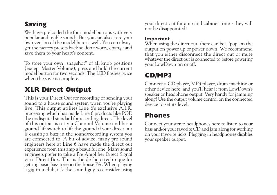 Saving, Xlr direct output, Cd/mp3 | Phones | Line 6 Studio 110 User Manual | Page 13 / 14