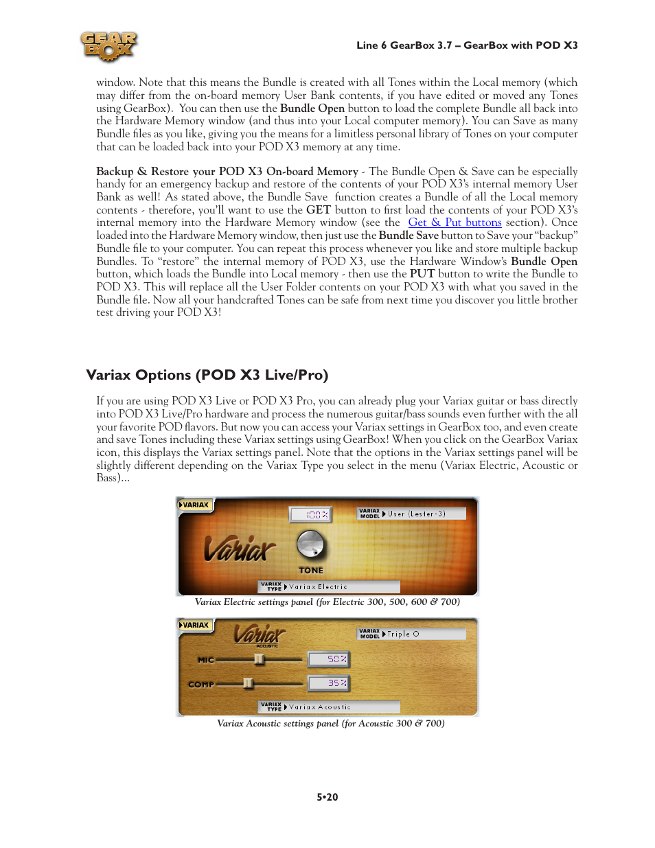 Variax options (pod x3 live/pro), Variax options (pod x3 live/pro) •20, Variax options | Section for more info | Line 6 3.7 User Manual | Page 105 / 223