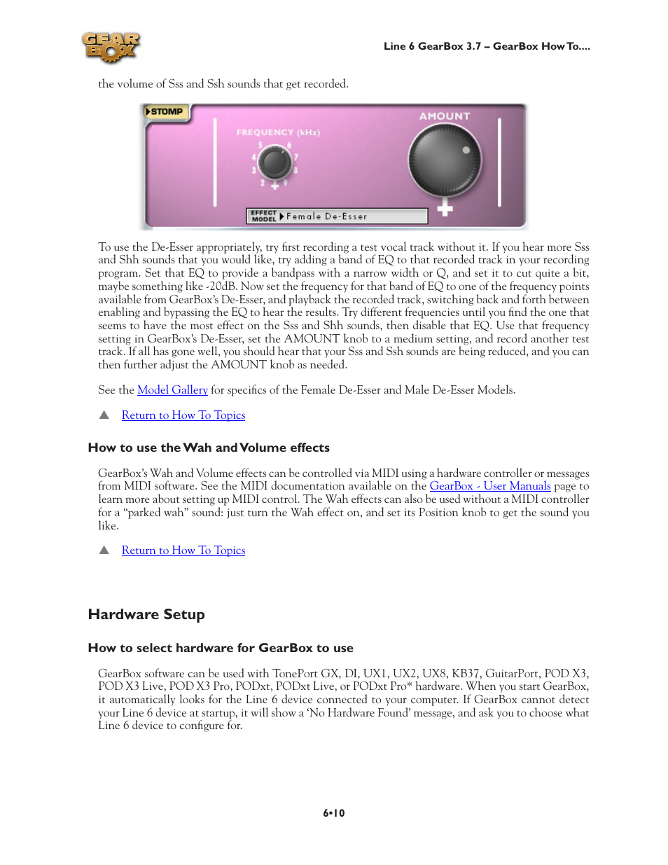 How to use the wah and volume effects •10, Hardware setup •10, How to select hardware for gearbox to use •10 | Hardware setup | Line 6 3.7 User Manual | Page 117 / 223