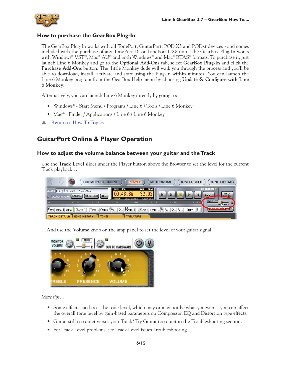How to purchase the gearbox plug-in •15, Guitarport online & player operation •15, Guitarport online & player operation | Line 6 3.7 User Manual | Page 122 / 223