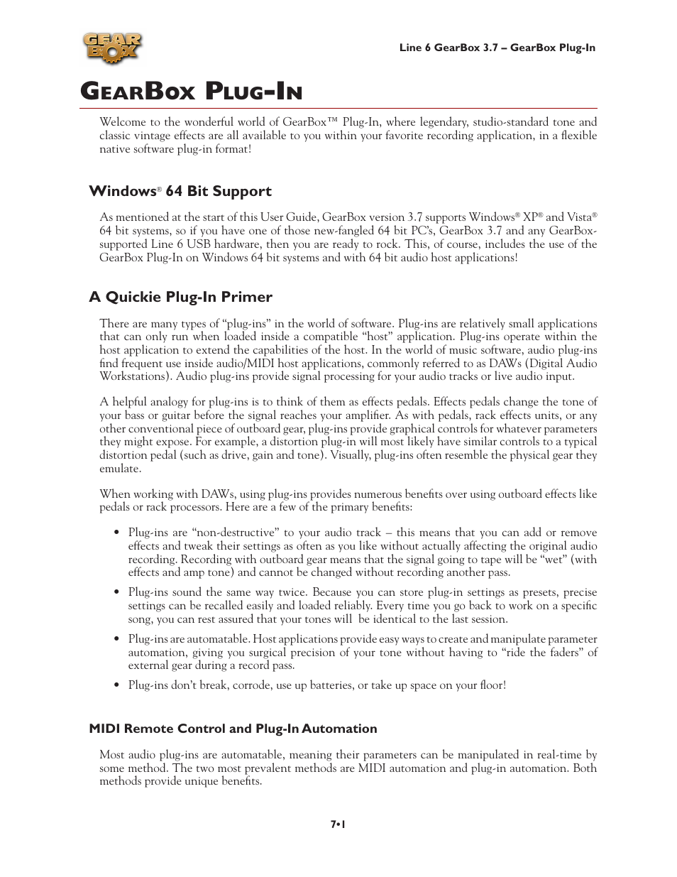 Gearbox plug-in, Windows® 64 bit support, A quickie plug-in primer | Gearbox plug-in •1, Windows, 64 bit support •1, A quickie plug-in primer •1 | Line 6 3.7 User Manual | Page 133 / 223