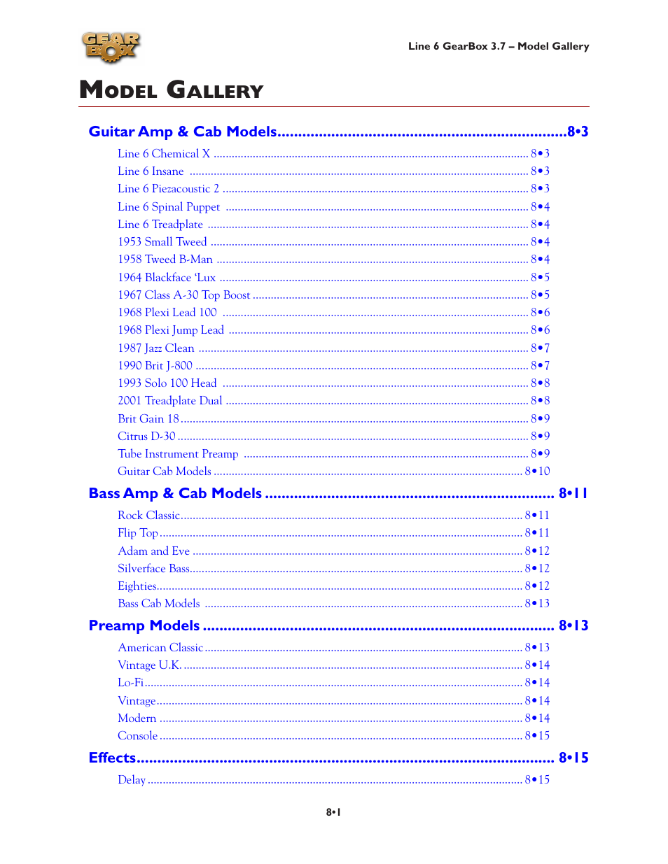 Model gallery, Model gallery •1, Model | List, For each device, See the, Odel, Allery | Line 6 3.7 User Manual | Page 139 / 223