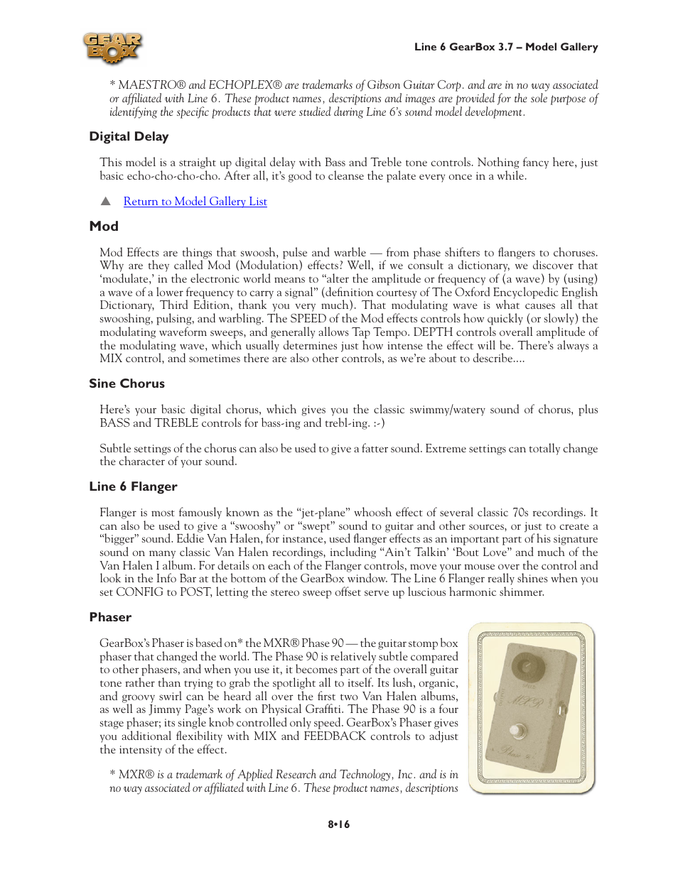Digital delay •16, Mod •16, Sine chorus •16 line 6 flanger •16 phaser •16 | Line 6 3.7 User Manual | Page 154 / 223