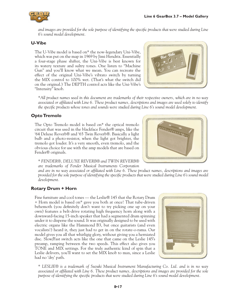 U-vibe •17 opto tremolo •17 rotary drum + horn •17 | Line 6 3.7 User Manual | Page 155 / 223