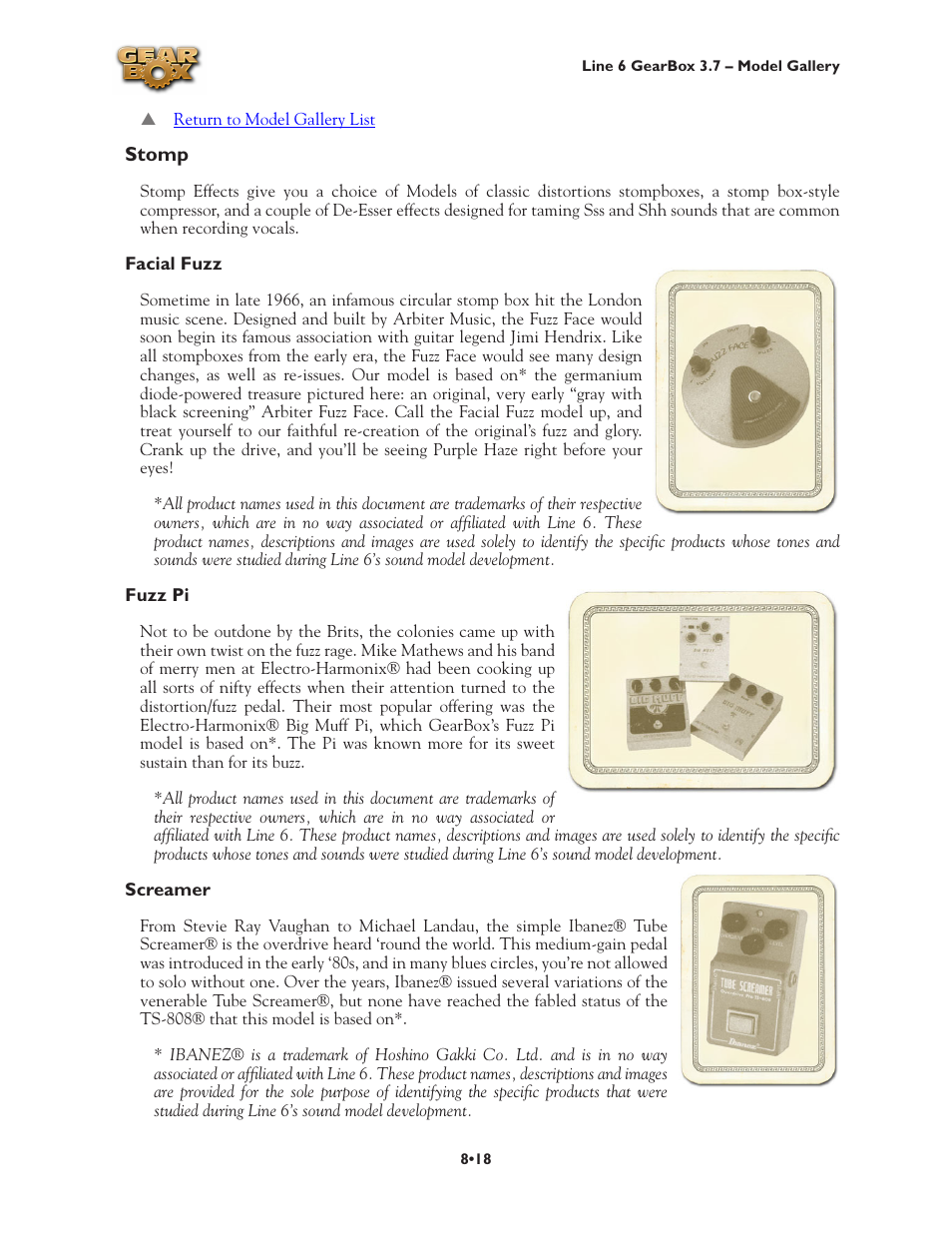 Stomp •18, Facial fuzz •18 fuzz pi •18 screamer •18 | Line 6 3.7 User Manual | Page 156 / 223