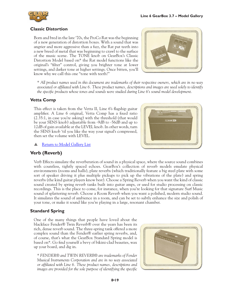 Classic distortion •19 vetta comp •19, Verb (reverb) •19, Standard spring •19 | Line 6 3.7 User Manual | Page 157 / 223