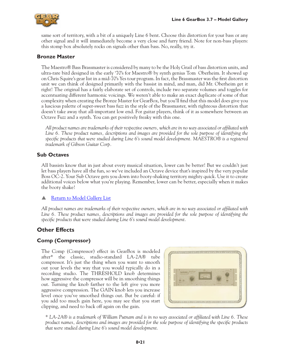 Bronze master •21 sub octaves •21, Other effects •21, Comp (compressor) •21 | Line 6 3.7 User Manual | Page 159 / 223