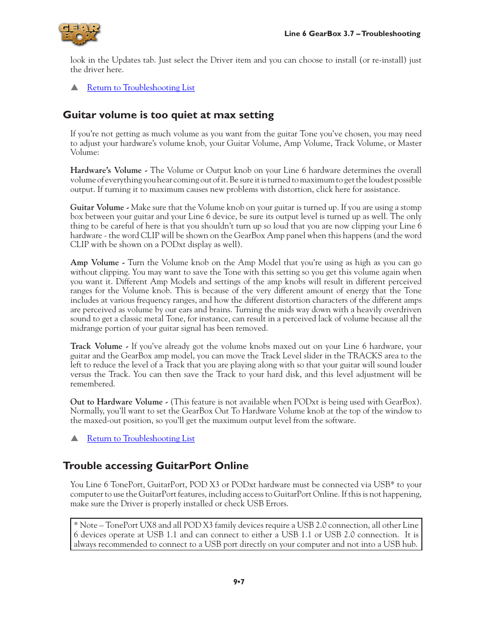 Guitar volume is too quiet at max setting, Trouble accessing guitarport online | Line 6 3.7 User Manual | Page 177 / 223