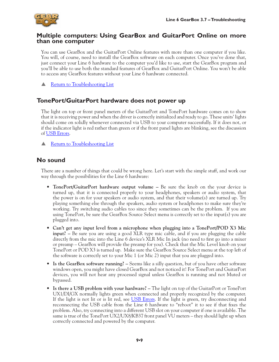 Toneport/guitarport hardware does not power up, No sound | Line 6 3.7 User Manual | Page 179 / 223