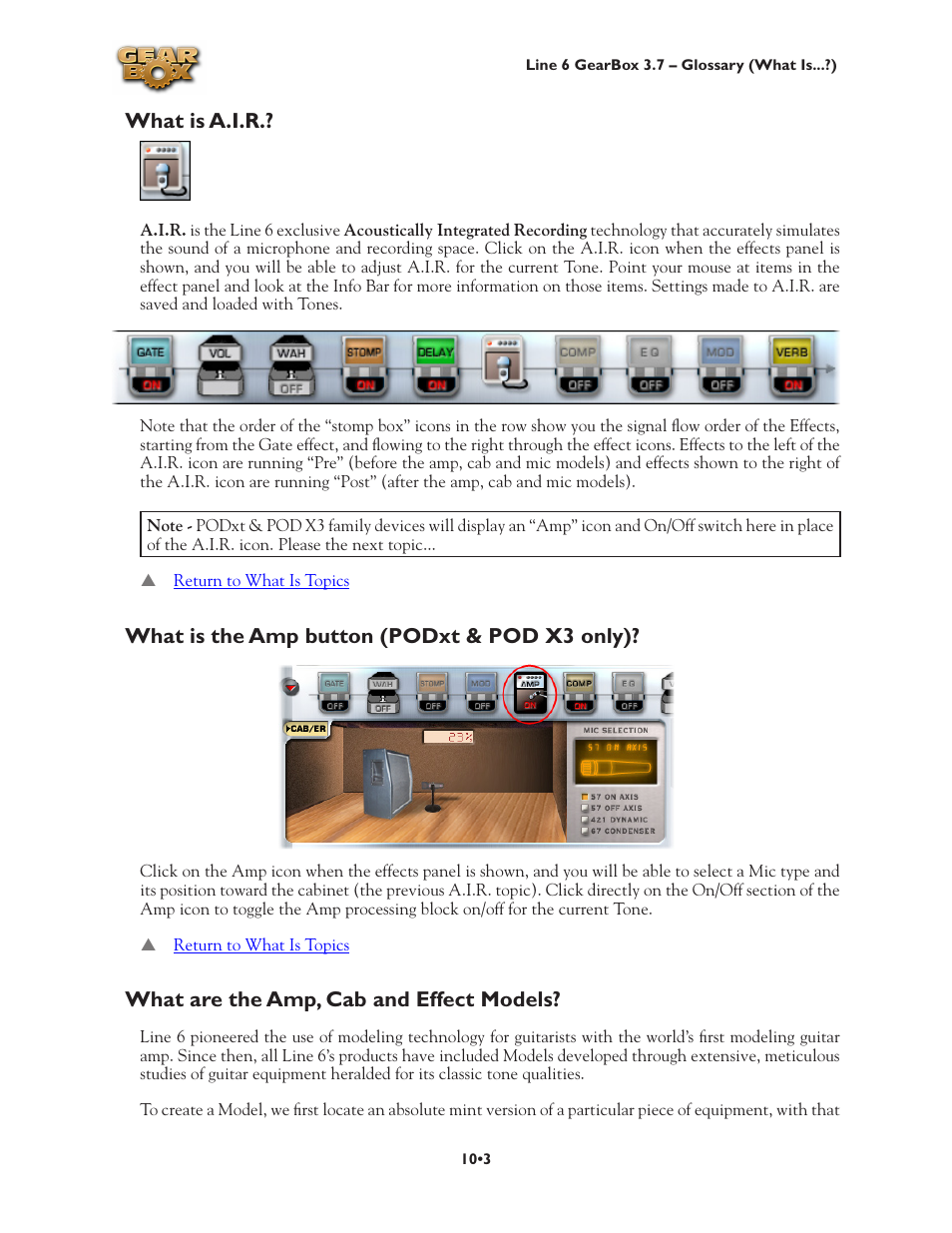 What is a.i.r, What is the amp button (podxt & pod x3 only), What are the amp, cab and effect models | Line 6 3.7 User Manual | Page 187 / 223