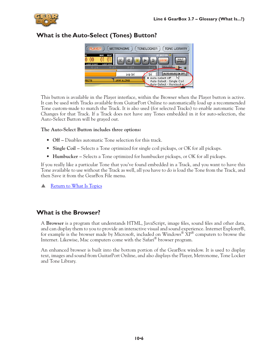 What is the auto-select (tones) button, What is the browser | Line 6 3.7 User Manual | Page 190 / 223