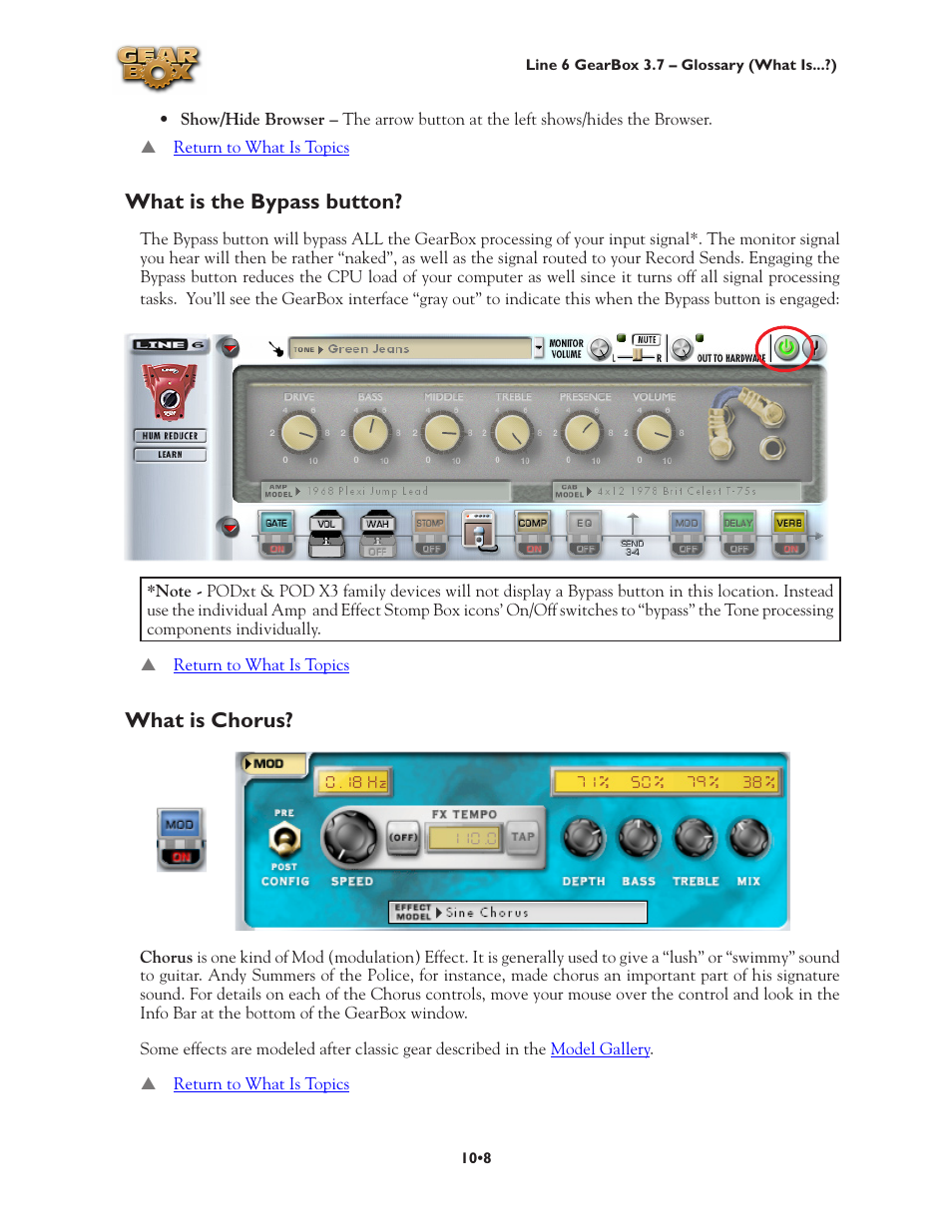 What is the bypass button? •8 what is chorus? •8, What is the bypass button, What is chorus | Line 6 3.7 User Manual | Page 192 / 223