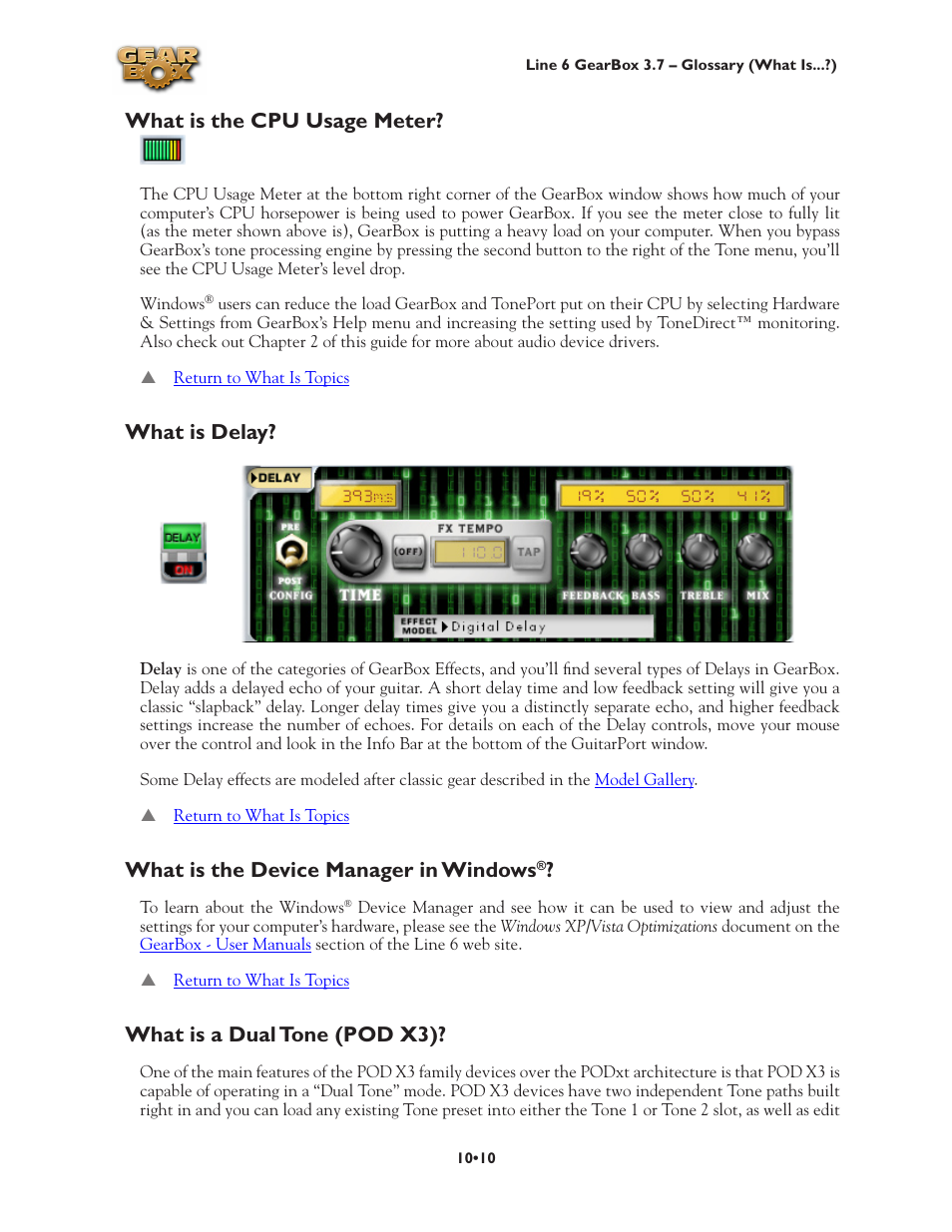 What is a dual tone (pod x3)? •10, What is the cpu usage meter, What is delay | What is the device manager in windows, What is a dual tone (pod x3) | Line 6 3.7 User Manual | Page 194 / 223