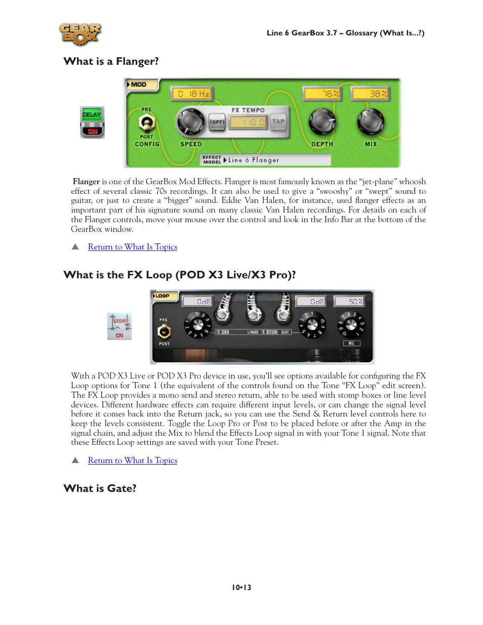 Gate, What is a flanger, What is the fx loop (pod x3 live/x3 pro) | What is gate | Line 6 3.7 User Manual | Page 197 / 223