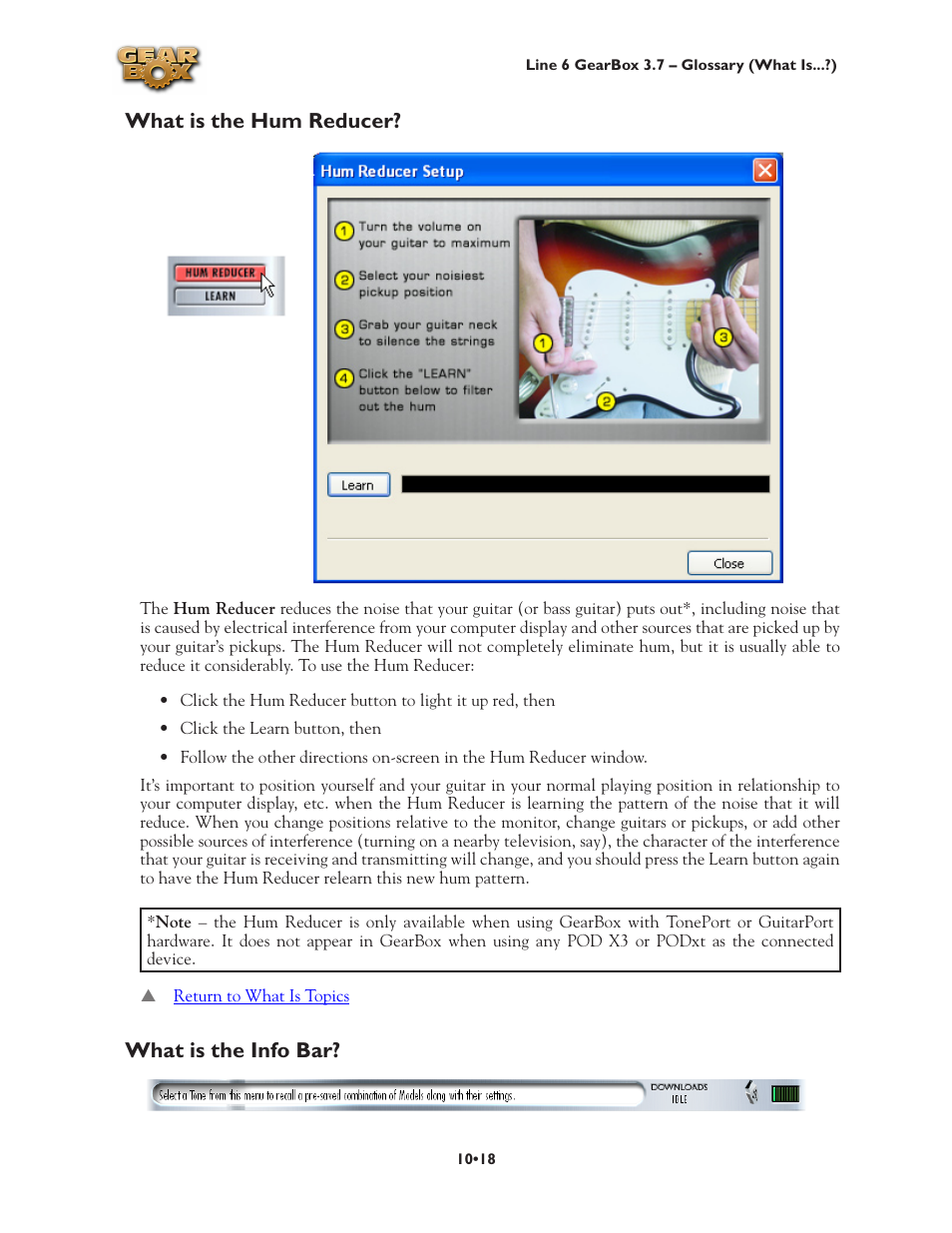 What is the hum reducer, What is the info bar | Line 6 3.7 User Manual | Page 202 / 223