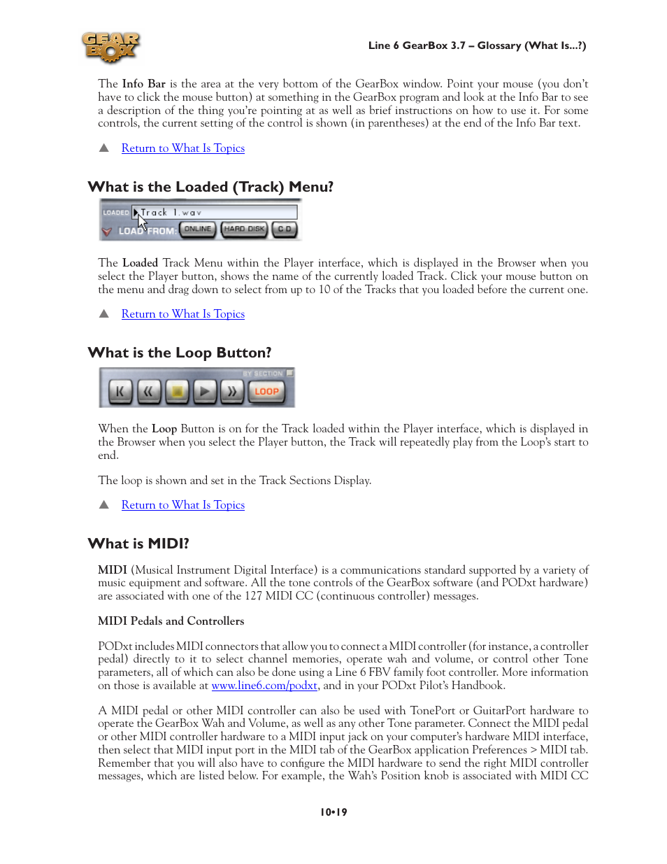 What is the loaded (track) menu, What is the loop button, What is midi | Line 6 3.7 User Manual | Page 203 / 223