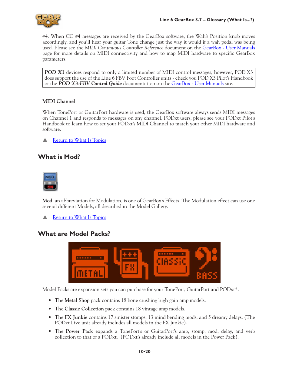What is mod? •20 what are model packs? •20, What is mod, What are model packs | Line 6 3.7 User Manual | Page 204 / 223