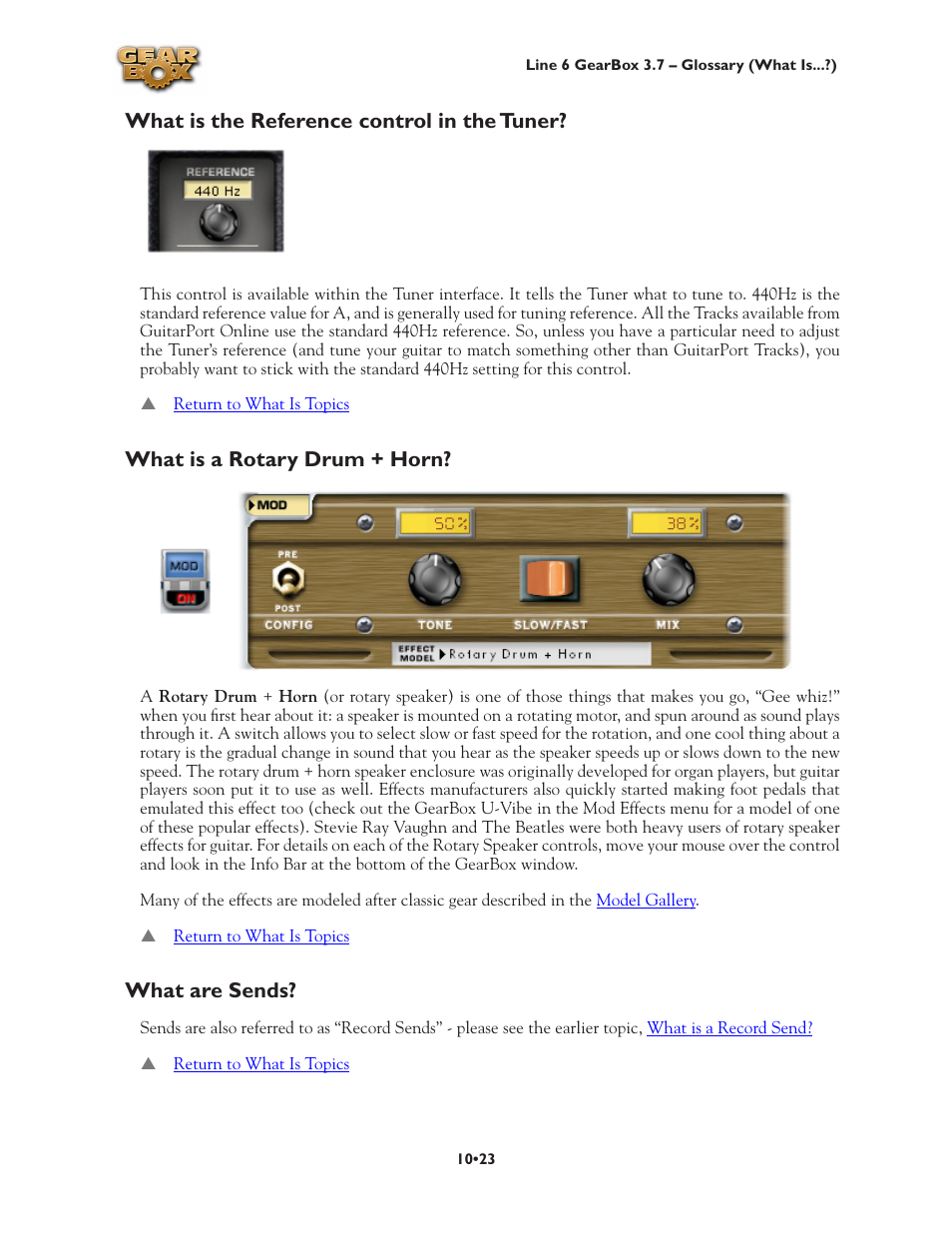 What are sends? •23, What is the reference control in the tuner, What is a rotary drum + horn | What are sends | Line 6 3.7 User Manual | Page 207 / 223